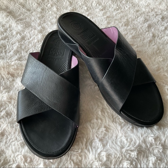 Fitflop Black Leather Crisscross Strap Wedge Slide Sandals Size 8 - Picture 2 of 15